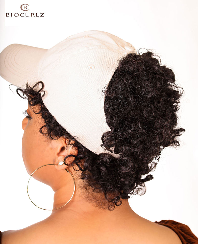 Model showing sideview of Satin Curly Cap